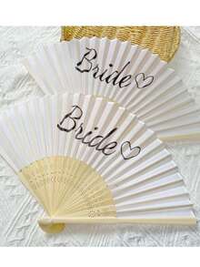 5把/1把白色新娘爱心印花丝绸木质折扇，竹制手持折扇，适合新娘、单身派对、婚礼、新娘送礼会装饰、伴娘礼物、单身派对拍照道具、婚礼装饰、新娘礼物、单身派对装饰和新娘送礼会配饰，派对和活动的绝佳选择，夏季配饰 - 彩色 - 查看 5