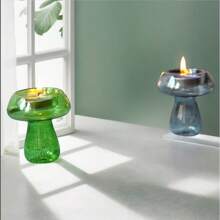 1pc Glass Mushroom Shaped Candle Holder, Green, Transparent, Coffee Color, Mushroom Style Candle Holder, Restaurant Decor (Candle Not Included)