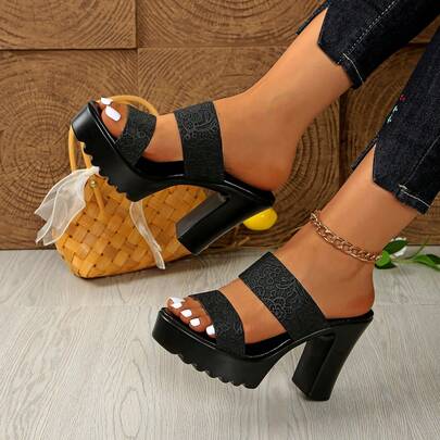 女士粗跟凉鞋，超高厚底性感时尚防水夜店高跟鞋，白色/黑色厚底高跟凉鞋