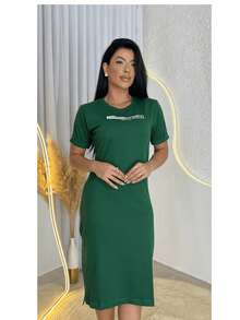 Vestido Feminino Midi Gola Redonda Fenda Lateral Moda Evangélica - Verde Escuro - Visão 2