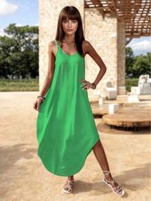 Vestido Midi Holgado de Escote en V con Tirantes - Verde - Ver 3