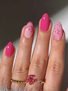 Instantly Upgrade Your Manicure! 24pcs Short Oval Nail Stickers, Pink Line Pattern With Pink & White Floral, Minimalist & Versatile. Set Includes 1 Nail File And 1 Bottle Of Jelly Gel, Designed For Women And Girls. Nails - Multicolor - View 2