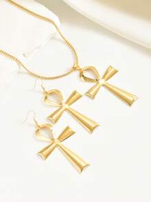 1 Set Fashion Minimalist Creative Ancient Egypt Ankh Cross Pendant Necklace & Earrings, Suitable For Women's Daily Wear - Gold - View 4
