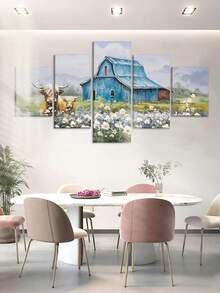 Juego de 1 pieza/5 piezas, Arte de pared en lienzo de estilo rústico y granja, Arte de pared retro contemporáneo clásico con marco, Impresión de paisaje de vaca y granero, Póster de flores silvestres de primavera y invierno, Decoración de pared estética para sala de estar, dormitorio, oficina - Impresión artística enmarcada - color - Ver 4