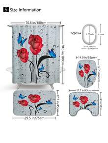 1pc/4pcs Romantic Rose & Butterfly Printed Bathroom Curtain Set, Adds Dreamy Atmosphere To Bathroom. Includes Shower Curtain With 12 Hooks, Bath Rug, U-Shaped Toilet Mat, Toilet Lid Cover, Bathroom Divider, Bathroom Accessories, Bathroom Decor