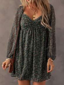 Acelitt Summer Ditsy Floral Shirred Front Patchwork Lantern Sleeve Dress