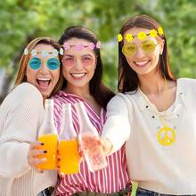 3 件套嬉皮士服装迪斯科套装包括 1 副嬉皮士眼镜、1 条和平标志项链和 1 个嬉皮士花环头带，非常适合 60 年代和 70 年代嬉皮士派对、舞会派对装扮套装万圣节