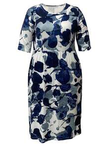 Vestido de manga corta con cuello redondo, estampado floral y de tinta, con bolsillos, de estilo casual para resorts, para mujer talla grande - Azul y blanco - Ver 2