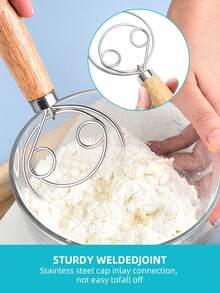 1pc Stainless Steel Coil Flour Whisk With Wooden Handle, Danish Dough Whisk, Stainless Steel Dough Hook, Dutch Whisk For Sourdough Bread, Pizza, Pastry, Cake Batter, Baking Flour Mixer, Dough Mixer, Egg Beater, Dough Stirring And Dough Tools For Restaurants, Food Trucks, Bakeries - - - View 3