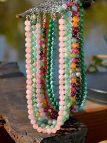 Bohemian Style Natural Stone Necklace, Elegant & Delicate 8mm Colorful Beryl & Rose Quartz Choker, Natural Healing Crystal Jewelry To Soothe Emotions And Balance Energy (Natural Stone Color Random)