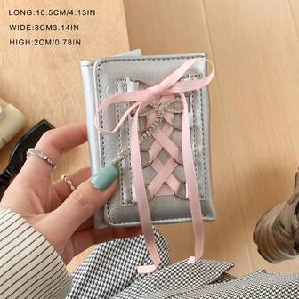 New Sweet Style Lace Bowknot Short Wallet For Women High Quality Button-Up Trifold Card Holder Wallet Mini Wallet Purse Wallet Small Wallet Cute Wallet
