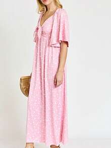 Boho Retro Floral Dot Rayon Mix Casual  Maxi Dress With Angel Sleeve Front Tie Versatile Summer Maxi Long Dress For Women - 粉色 - 查看 6