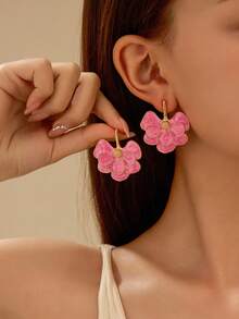 2pcs Enamel Pink Floral Earrings, French Gentle And Elegant - Plated Exaggerated Earrings - Multicolor - View 6