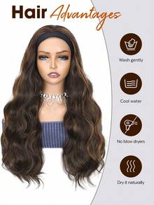 Tóc giả dài 24 inch, kiểu dáng gợn sóng, màu nâu sẫm pha vàng ombre, tóc giả dài tổng hợp dành cho phụ nữ và bé gái để mặc hàng ngày và dự tiệc (Màu nâu) - Nhiều màu - Xem 5