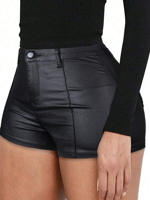 Casual Sexy High Waist PU Leather Seam Shorts Black Stretchy Skinny Faux Leather Mini Short Outfits For Women