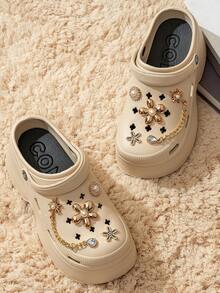 女士镂空鞋，DIY亮片装饰，朋克风厚底镂空设计，舒适花园鞋 - 卡其色 - 查看 3