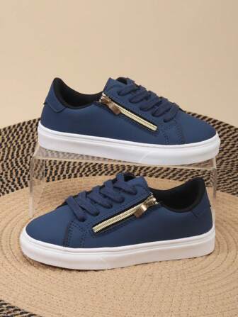 1 paire de chaussures d'étudiant classiques pour enfants avec tige en PU, lacets et fermeture éclair latérale. Semelle épaisse antidérapante, souple, à semelle plate, pour tous les saisons
