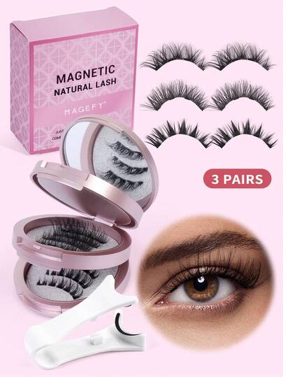 MAGEFY 3对装磁性假睫毛套装，含镜子和辅助器，可重复使用，无需胶水，自然卡通猫眼仿貂毛假睫毛，适用于美容、旅行、日常、万圣节、角色扮演等场合，尺寸7-14毫米