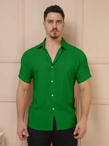 YLF MODAS Men's Short Sleeve Button Down Shirt Plain - Verde Oscuro - Ver 3