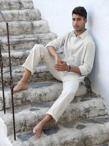 Runcati Mens Button Down Shirt Linen Cotton Shirts Casual Long Sleeve Spread Collar Lightweight Beach Plain Tops - 白色 - 查看 2