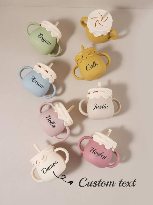 1 set Tasse personnalisée avec nom, Tasse à bec sippy en silicone bébé de 250 ml avec oreilles bicolores, Tasse à boire anti-fuite pour tout-petits