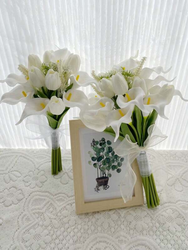 Bridesmaid Artificial Flower Bouquet For Wedding, White Tulip & Calla Lily Floral Arrangement, Bridal Bouquet, Wedding, Ceremony, Anniversary, Fake Flowers Spring Home Decor, Photography Props, Centerpiece, Party Table Decor, Holiday Decoration, Easter Gift, Birthday, Graduation