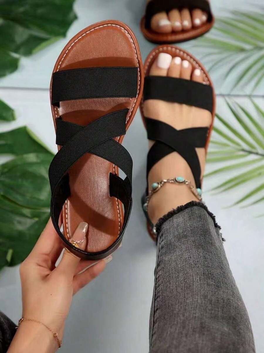 Sandal Datar Wanita Model Lebar 2025 dengan Tali Elastis Silang, Cocok untuk Liburan Musim Panas, Hitam - Hitam - View 1