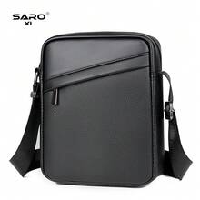 saroxi 1 件男士 PU 皮革斜挎包，休闲斜挎包，带侧袋，方形，多功能，适合通勤，简约风格黑色包，送给男士/男友的礼物，时尚纯色旅行配件 - 黑色 - 查看 4