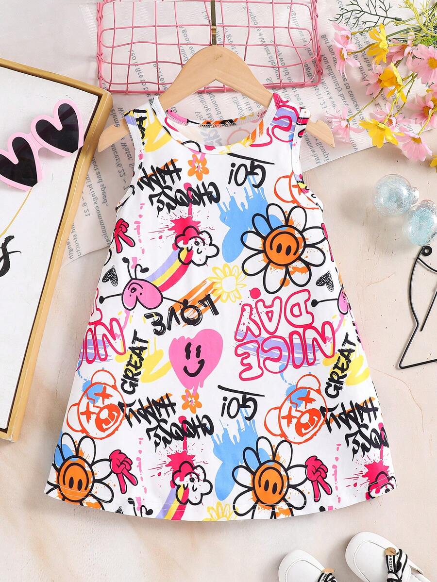 年轻女孩休闲时尚可爱户外百搭街头 Y2K 涂鸦风格心形花卉彩虹字母图案圆领无袖连衣裙，适合日常通勤、学校、社交聚会、度假、春夏秋
