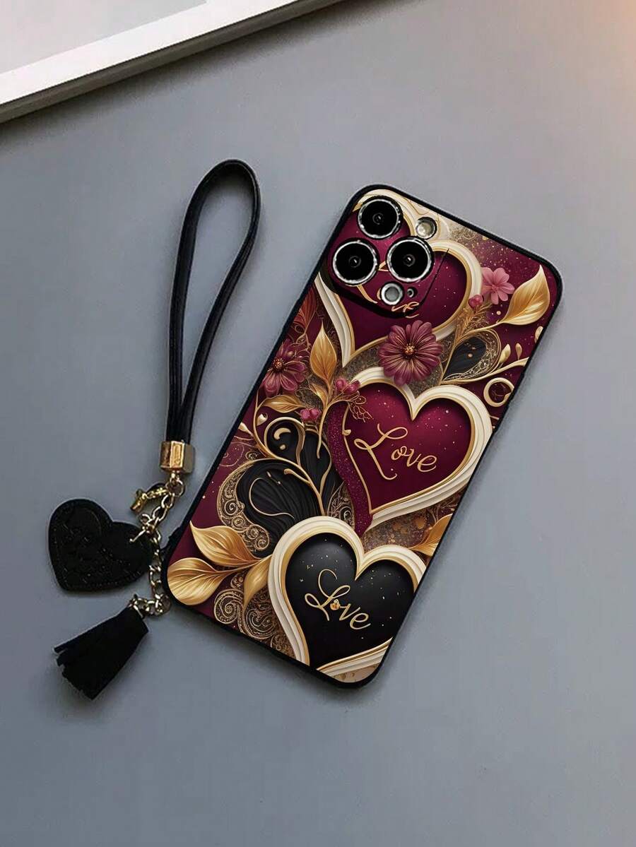 1pc Perforated Floral Heart Design Thickened Shock-Proof Painted Phone Case With Decorative Leather Wrist Strap, DIY Phone Case Accessory Short Wristlet Compatible With Iphone, Galaxy, Redmi - Multicolor - View 1