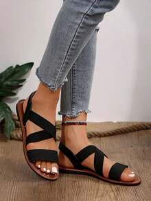 Sandal Datar Wanita Model Lebar 2025 dengan Tali Elastis Silang, Cocok untuk Liburan Musim Panas, Hitam - Hitam - View 5
