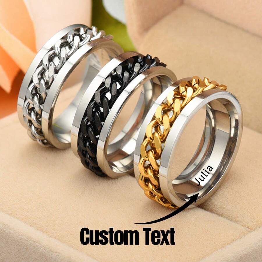 Personalized Spinner Ring Fidget Anxiety Ring For Men -Customized Stylish Curb Chain Inlay With Solid Stainless Steel Cool Ring For Quality And Durabilit,Size 7-13