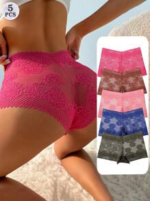 5 PCS Women's Sexy Lace Boxer Shorts Mid Waist Seamless Briefs Tummy Control &Butt Lifter Stretch Panties Hollow Out Sports Underwear Lingerie