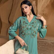 BA4047 New Handcrafted Rhinestone Studded Arabic Robe, Exported Wholesale Saudi Dubai Style Abaya Gown, Modest - Bean Green - View 1