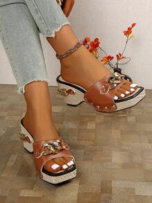 Platform Studded Sandals, Fashion Summer Comfortable Versatile High Heels Sandals For Women, Size 42 - Khaki - View 2