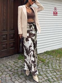 女士印花中长裙配腰带荷叶边时尚动物印花缎面女裙休闲性感高街优雅长裙2025夏季 - 彩色 - 查看 3