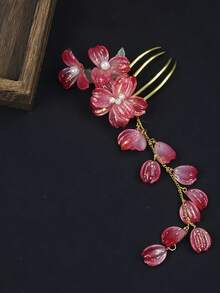 1 pièce Pince à cheveux style coréen élégante avec fleur d'hibiscus rouge/fleur hawaïenne et pompon, 8 cm de long, résistante à la décoloration, à la mode & exquise, convient pour le port quotidien des femmes & des filles, peut être utilisée comme accessoire pour cheveux ou coiffe, peigne à cheveux, peigne latéral - multicolore - Voir 3