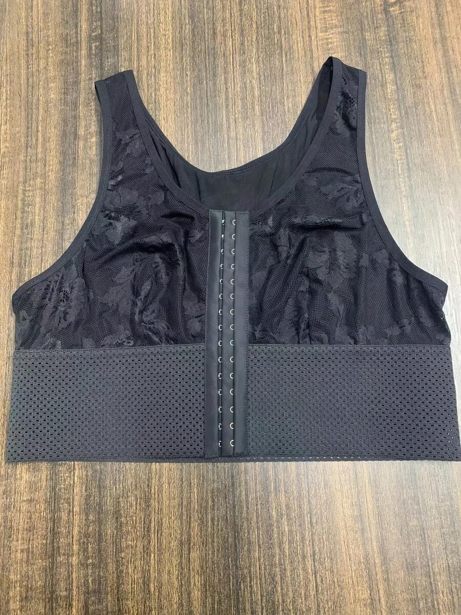 1pc Belted Front Button Closure, Lace Trim Hollow Out Cami - Black - View 1