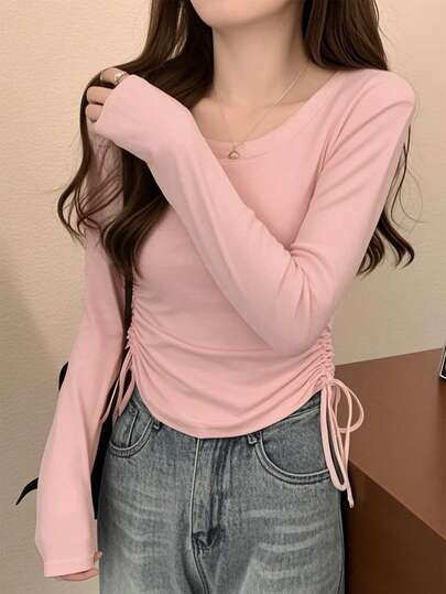 早春韩版修身抽绳圆领长袖T恤女