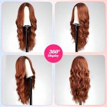 Peluca de encaje frontal, naranja natural, peluca de onda larga europea y americana, adecuada para mujeres, 26 pulgadas, tocado completo de fibra sintética