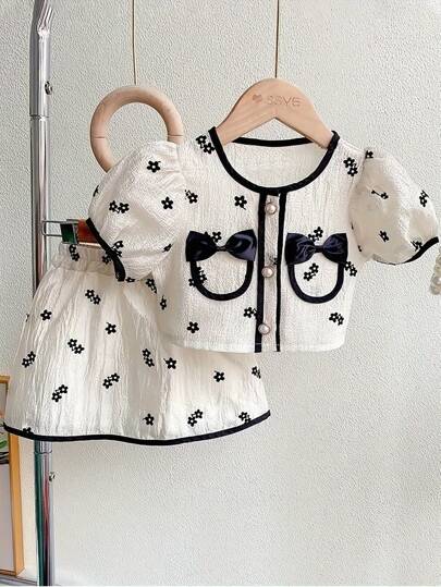 M.Dian xi 2 Peças Conjunto Doce e Fofo para Meninas, Top de Manga Curta e Saia Conjunto Elegante Infantil, Leve