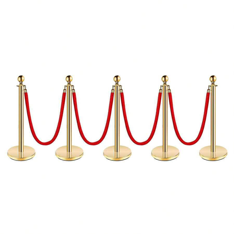 Gold Stanchion Post, 5 Ft Red Vel-Vet Rope Red Carpet Ropes And Poles, Stainless Steel Crowd Control Barriers Used For Theaters Parties Wedding Museums Exhibition - Gold-5 Columns - View 1