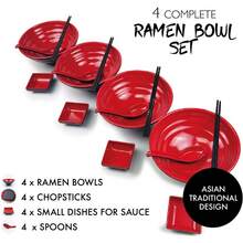 Juego de vajilla japonesa de 16 piezas: incluye 4 tazones de ramen, palillos, cuchara y una salsera pequeña. Cuencos japoneses para platos Pho japoneses, chinos, coreanos o vietnamitas (4 piezas, rojo). - Rojo - Ver 2