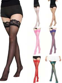 1 Pair, Sexy Woman Red Stockings, Lace Lace Thigh High Stockings, Black Knee High Stockings, Women's Hosiery, Knee High Stockings, Suitable For Daily, Dating, Party, Christmas, Halloween, Valentine's Day, Gifts For Women Girl's Items