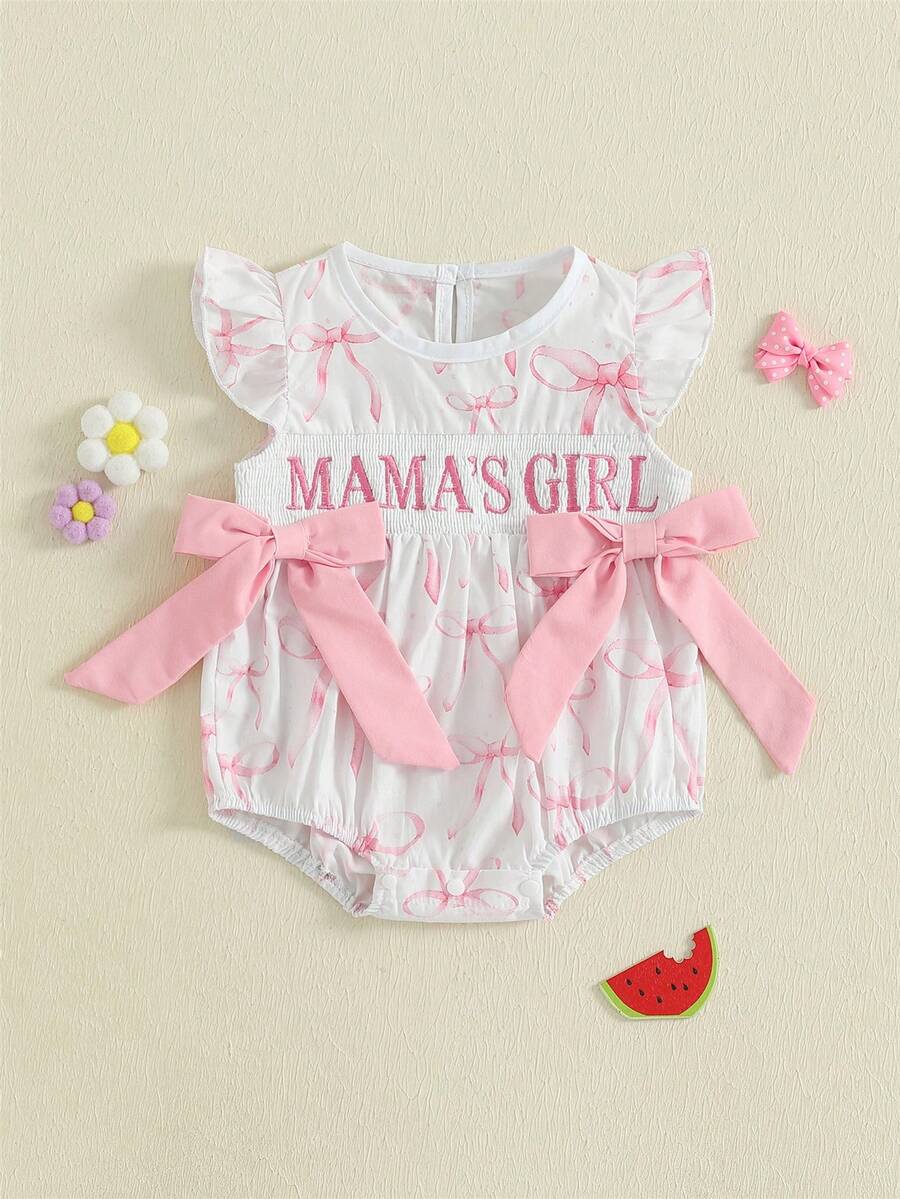 Baby Girl Summer Romper Bows Letter Embroidery Smocked Flying Sleeve Infant Jumpsuit - 白色 - 查看 1
