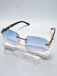 1 Pair Unisex Fashion Classic Frameless Rectangular Lens Fashion Glasses, Faux Wood-Grain Temples, Beach Accessories, Outdoor Party Decor, Photography Props, Ideal Gift For Summer Beach Vacation,Outdoor,Travel