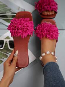 Floral Print Fashion Flat Sandals, Versatile Matching Goddess Shoes Suitable For Dates, Parties, Beach Getaways, Casual Home Wear - Hot Pink - View 1