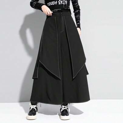 Fashion Men High Waist Zipper Palazzo Culotte Long Pants Bottoms Gothic Punk Casual Asymmetrical Hem Loose Wide Leg Trousers