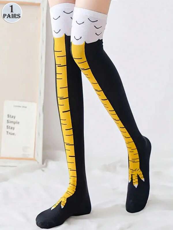 1 Pair Cute Chicken Leg Pattern Knee-High Socks, Breathable And Comfortable Casual Socks Suitable For Both Men And Women, Suitable For All Seasons Outdoor Wear