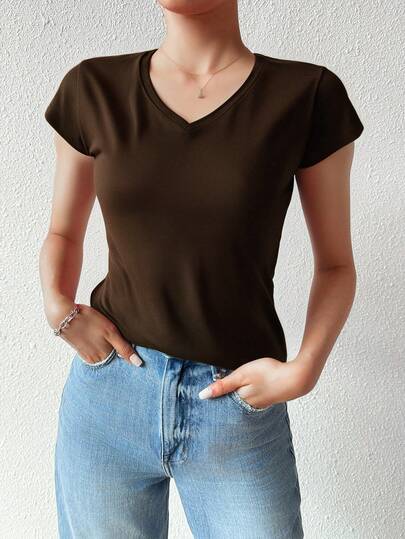 Playera dama mujer basica manga corta cuello V algodon fresca ligera